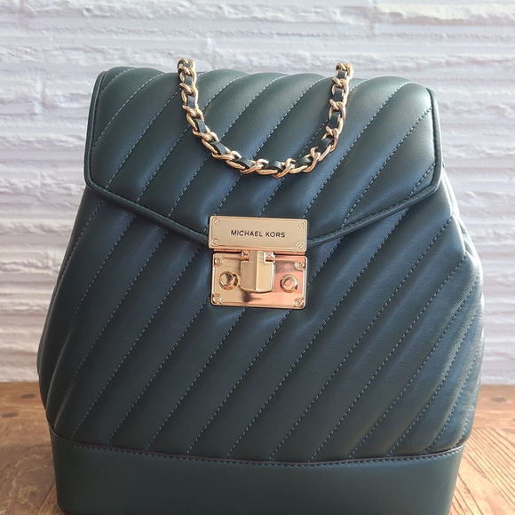 Michael Kors Green Quilted Backpack with Gold Chain - Picture 1 of 6